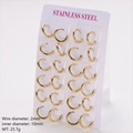 Set of 12 pairs of 2mm thick 18K gold plated stainless steel hoop earrings on display card - 12 Pairs/Pack (Inner Diameter 10mm) / Gold