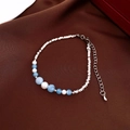 Bracelet de perles bleues et blanches avec perles argentées et chaîne réglable - Argent Pièce Ronde (97#)