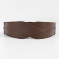 Detail of dark brown leather wide belt with overlapping geometric design and fine stitching - Coffee 65cm