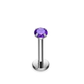 Macro shot of silver stainless steel labret stud with a round purple zircon gemstone - 1.2*6*4 / Purple Zirconia