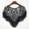 Elegante scialle nero con paillettes floreali argento e lunghe frange per abiti da sera chic - Argento Nero