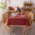 Red plaid Christmas tablecloth with gold silk details and elegant beige tassels - 60*60cm / Red Plaid Black Stripes With Tassels