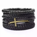 Set di bracciali multistrato in pelle da uomo con croce in bronzo e perline nere - Set punk nero in pelle con croce in bronzo-3