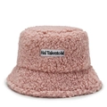 Close-up of pink lamb wool bucket hat featuring soft plush texture and white logo tag - One Size / Pink