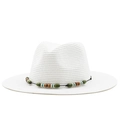 Detailed close-up of white Panama straw hat featuring colorful wooden beads decoration - M (56-58cm) / White