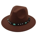 Detail of dark brown fedora featuring a leather band with turquoise and silver studs - M (56-58cm) / Coffee