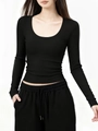 Close-up of black U-neck long sleeve tee in rib-knit modal fabric with slim fit design - XS / Scoop Neck / Black