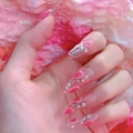 Pink gradient ballerina fake nails with heart patterns and sparkling rhinestones - Glue Type (D-143)