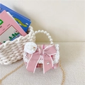 Pink and white tweed mini handbag with bow, pearl handle and gold chain for girls - Rose Red Bow