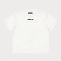 Detailed view of the SMFK logo print and inner neck label on white cotton t-shirt - S / Snow White