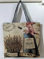 Beige floral brocade tote bag with vintage Paris embroidery and striped handles - Lavender Flowers