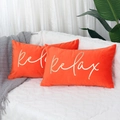 Orange velvet lumbar pillow case with golden Sunshine script on white fur surface - Orange Red Home Sweet Home Gold Bronzing