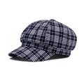Blue and white checkered newsboy cap for women with classic plaid fabric pattern - Navy Blue