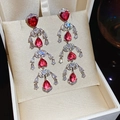 Boucles d'oreilles pendantes en argent avec cristaux rouges et zircons blancs style rétro - 65# Clous d'oreilles pampilles goutte cœur zircone rouge argent