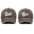 Detail of embroidered Dad and Mom lettering on retro washed cotton baseball caps - One Size / Coffee