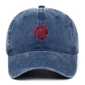 Macro detail of red rose embroidery on navy blue washed denim baseball cap texture - One Size / Navy Blue
