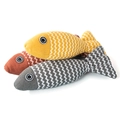 Close-up of linen fabric catnip fish toys with white wave patterns and button eyes - Yellow Grey Red (3-Pack) / Individual Packaging