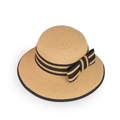 Detailed top view of straw sun hat with black ribbon bow and contrast trim - M (56-58cm) / Khaki