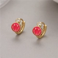 Gold huggie hoop earrings with red enamel smiley face charm and sparkling zircon stud - Rose Red