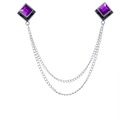 Silver collar pin set with purple geometric crystals and hanging double chain tassel - Purple (Silver Base)
