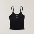 Slim fit black ribbed camisole with white cross embroidery and adjustable straps - S / Black