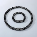 Set of Cuban link chain necklace and bracelet in deep black finish with square clasp - Genius Club Black / 9mm Wide, 21cm Bracelet