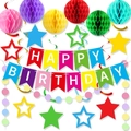 Colorful birthday party decoration kit with happy birthday banner and honeycomb balls - Banner Honeycomb Star Hanging Set / Colorful