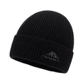 Classic black ribbed knit beanie featuring a grey mountain embroidery for outdoor sports - One Size / Black