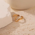 Minimalist wave-shaped golden ring with adjustable open band on stone base - Gold Wave Open Ring