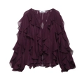 Donkerpaarse chiffon blouse met gelaagde ruches en een diepe V-hals in platte weergave - XS / Tops / Paars