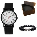 Gros plan d'une montre à quartz avec bracelet nylon et gourmette en pierre de lave - Cadran Blanc Bracelet Noir + Bracelet + Boîte
