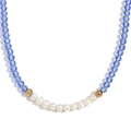 Handmade beaded necklace with blue faceted crystals, white pearls and gold accents - Light Royal Blue Transparent