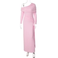 Pink off-shoulder long sleeve dress with slim fit ruched design and elegant ribbon detail - S / Pink