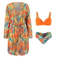 Three-piece bikini set with orange top and tropical print mesh cardigan cover-up - One Size / Orange Leaf Print Cover Up Only