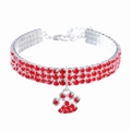 Three-row red rhinestone dog collar with alloy paw print pendant on a white background - 20cm+5cm / Red