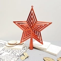 Detail of red glittered plastic star tree topper with geometric design on grey background - 15cm/21g / Red
