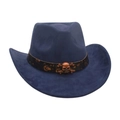 Dark blue suede western cowboy hat featuring a vintage bronze skull accessory and band - Navy Blue