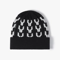 Winter unisex knitted beanie in black with white geometric pattern and ribbed cuff - Black Jacquard Style (24B023黑色)