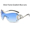 Occhiali da sole oversize senza montatura con dettaglio serpente argento e lenti sfumate blu - Montatura Argento Lente Sfumata Blu