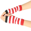 Detail of red and white striped knitted fingerless arm sleeves with black edge trim - One Size / Red Black and White Striped