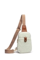 Detailansicht der flauschigen Lammwoll-Brusttasche mit buntem gewebtem Schultergurt - Weiß