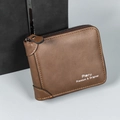 Vintage brown leather tri-fold wallet for men with secure zipper and card slots - Light Brown