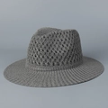 Detail of grey knitted fedora hat showing breathable hollow mesh and vertical textures - M(56-58cm) / Gray