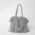 Gray faux fur tote bag with braided leather handles and golden metal chain - Gray