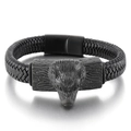 Men's punk braided black leather bracelet featuring a detailed wolf head and magnetic clasp - 21cm Black