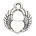 Antique silver heart pendant wrapped in detailed angel wings with a polished metal finish - Double-sided Heart Wings (10054)