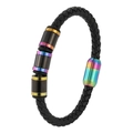 Men's braided black leather bracelet with rainbow metal beads on white background - Colorful