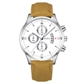 Montre homme business avec cadran blanc, bracelet en cuir jaune moutarde et calendrier - Cadran Blanc Aiguilles Argent Boîtier Argent Bracelet Brun