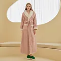 Plush pink floral jacquard long bathrobe with cream faux fur trim and waist tie - M / Pink