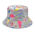 Detail of graffiti bucket hat featuring 90s vintage geometric patterns on grey fabric - M (56-58cm) / Gray